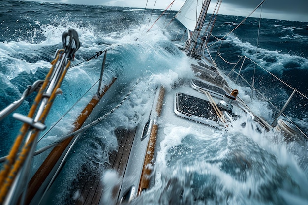 Dramatic Seascape Captured from Sailing Yacht in Stormy Weather with High Waves and Dark Clouds