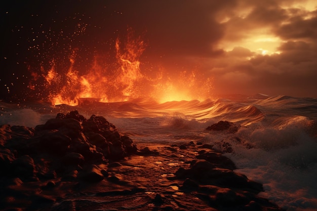 A dramatic seascape with fiery waves crashing agai 00148 00