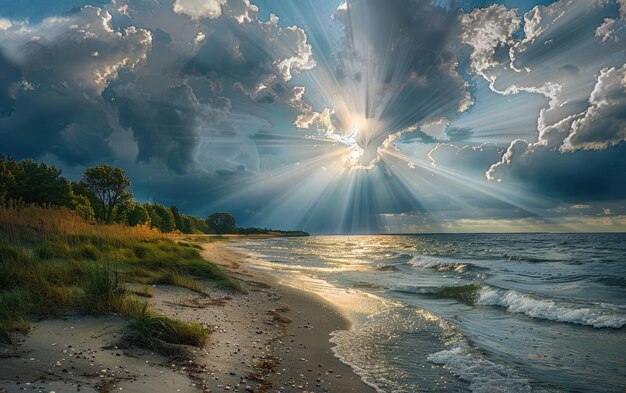Foto il drammatico passaggio dalla tempesta al sole su una spiaggia che annuncia l'arrivo di summer39