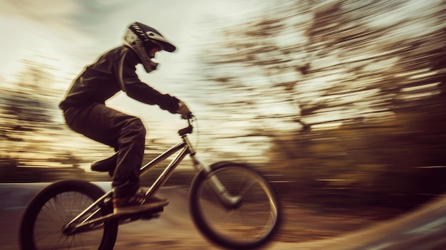 A dramatic shot of a bmx rider caught in midair with the background blurred to emphasize the speed