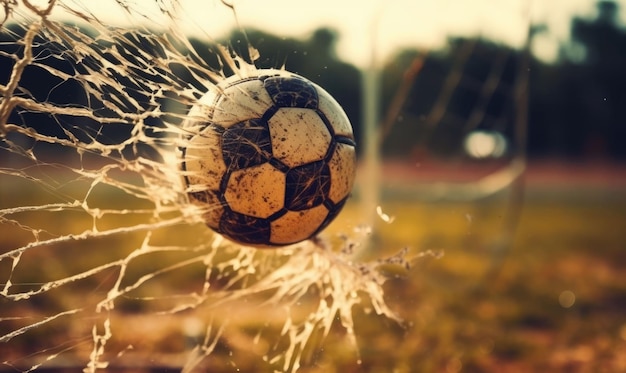 Dramatic shot of soccer ball hits net for a goal in fire