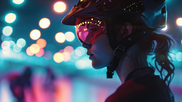 A dramatic side view of a roller derby player her helmets visor reflecting the lights of the arena