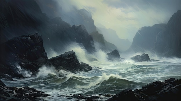 Dramatic sight turbulent waves imposing cliffs crashing relentless power grandeur stormy sea Generated by AI