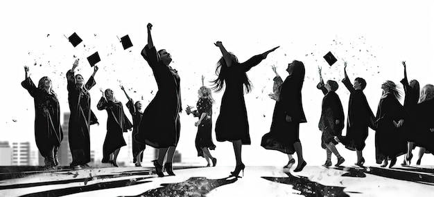 Dramatic Silhouette of Graduates Celebrating with Hats AI Gen