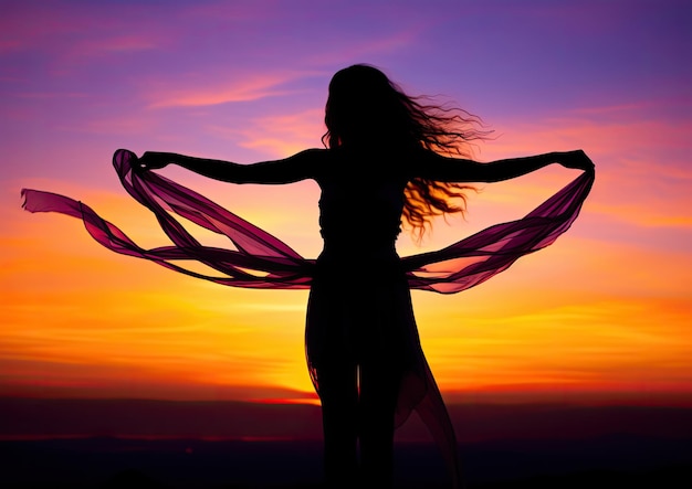 A dramatic silhouette shot of a woman standing on a hill at sunset with her arms raised in the