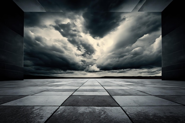 Dramatic Sky Background with Dark Clouds Empty Concrete Floor