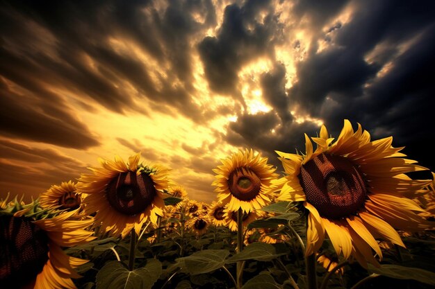 Foto un cielo drammatico sopra un campo di girasoli