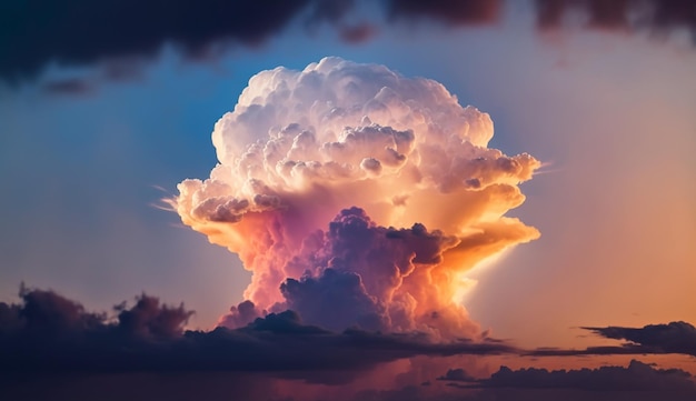 Драматическое небо, пушистые облака, закат, яркие цвета, созданные искусственным интеллектом