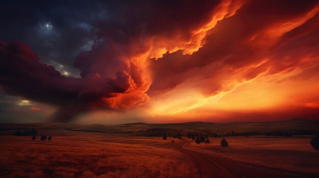 Dramatic sky with extreme variation of sky color and cloud in red blue orange pink color