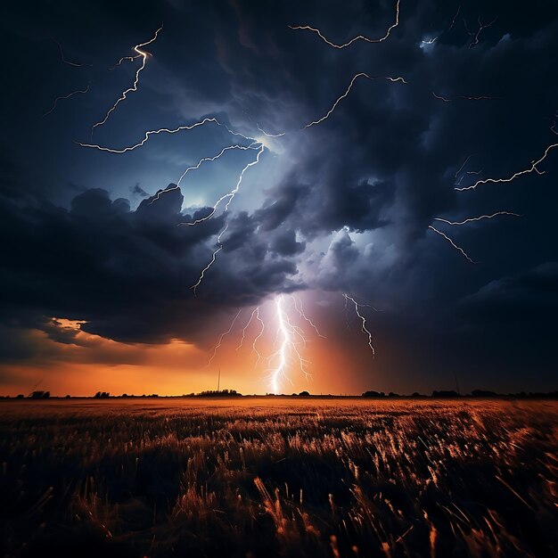 Dramatic sky with lightning over field at sunset