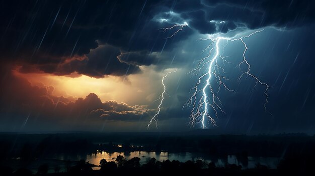 Dramatic sky with lightning over field at sunset