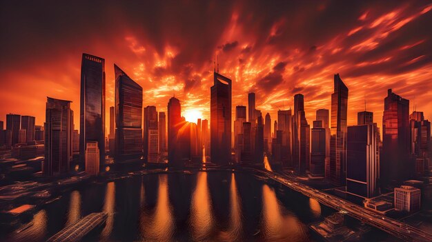 Photo a dramatic skyline with skyscrapers outlined against a blazing sunset in the city