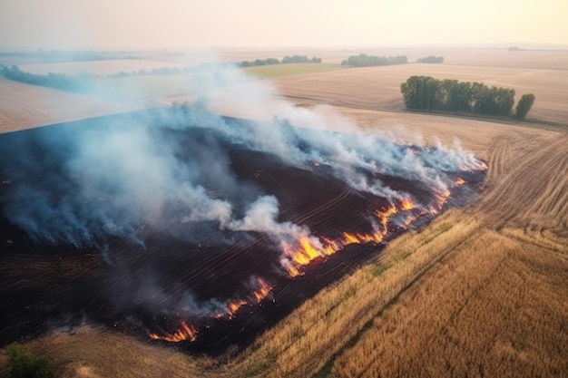Dramatic spring forest fires flames engulfing dry grass in agricultural fields ecological risks