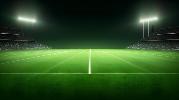 Dramatic stadium lighting illuminates empty tennis court at night surrounded by pitch darkness and beautiful high resolution field background