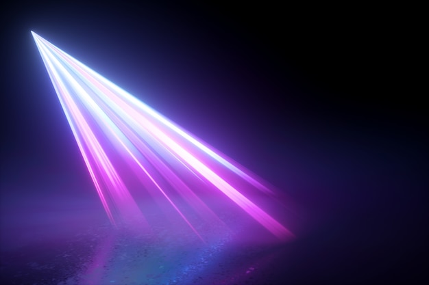 Dramatic stage lighting. purple rays beam light on the floor.\
isolated spotlight.