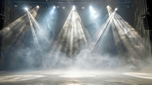 Dramatic Stage Lights in Foggy Concert Hall Setting Cinematic Theater Atmosphere Captured Ideal for Event Backgrounds AI