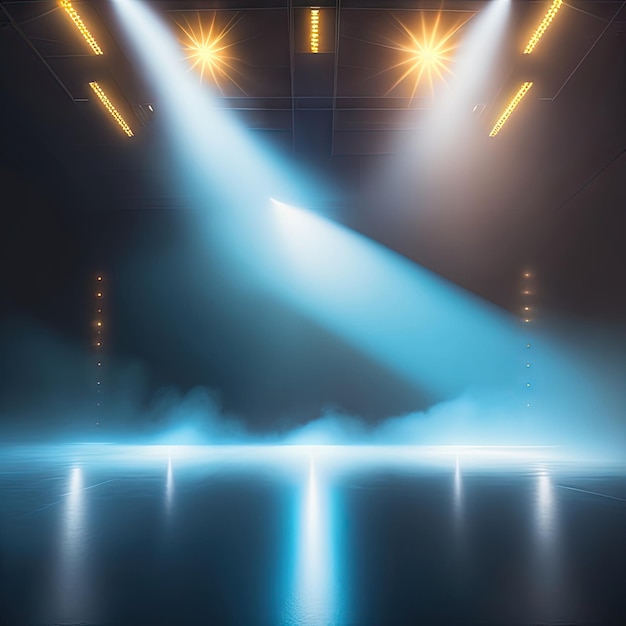 Драматическая сцена с прожекторами и дымом Пустой интерьер с яркими огнями и туманом