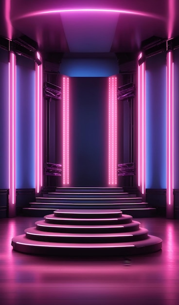 A dramatic staircase illuminated by vibrant neon lights in a dimly lit room