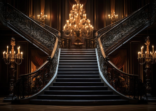 A dramatic staircase with ornate wrought iron railings and a cascading chandelier illuminated by