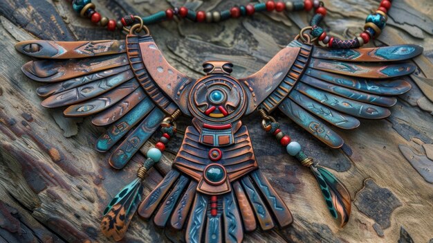 A dramatic statement necklace made from handforged copper and featuring a large thunderbird pendant