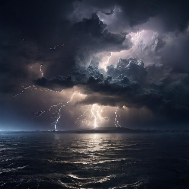 Фото Драматическое штормовое облако с молнией над водой ночью