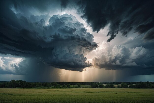 Dramatic storm clouds gathering over a serene landscap