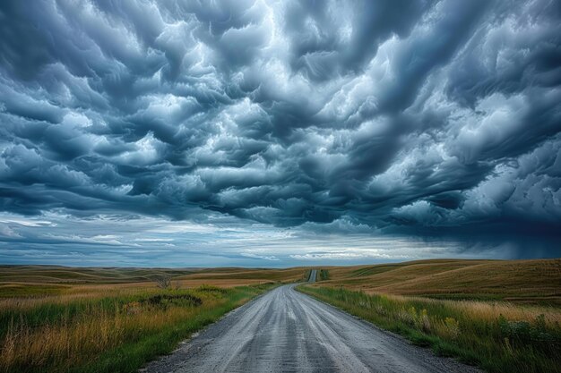 Photo dramatic storm clouds over road in north dakota usa