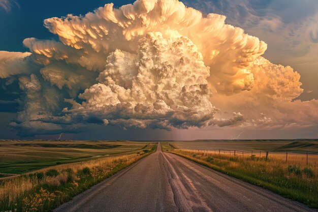 Photo dramatic storm clouds over road in north dakota usa