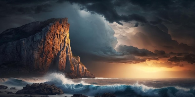 dramatic  storm on sea at sunset lightening wild nature dramatic cloudy sky sun beam rock