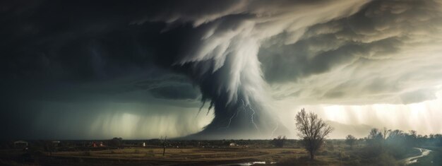 Dramatic storm with lightning over a field showcasing nature's fury AI generative