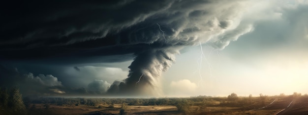 Dramatic storm with lightning over a field showcasing nature's fury AI generative