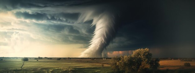 Foto una tempesta drammatica con fulmini su un campo che mostra la furia generativa dell'ia della natura