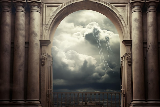 A dramatic stormy sky seen through the skylight of a greenhouse