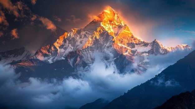 Photo dramatic sun light sunrise over snow capped mountain machapuchare fish tail mountain in annapurna hi