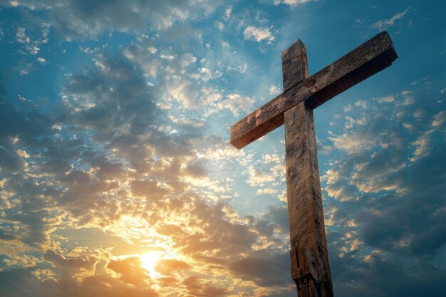 Photo dramatic sunrise casting golden light behind a weathered wooden cross symbolizing hope and faith