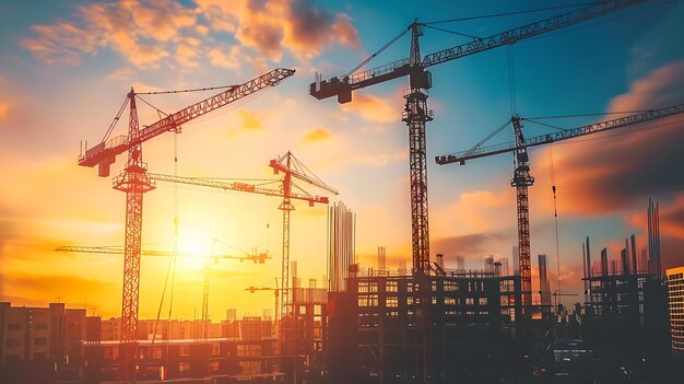 Dramatic Sunset at a Busy Construction Site Tower Cranes and Developing Skyline Construction Industry Growth Modern Urban Landscape HighQuality Stock Image AI