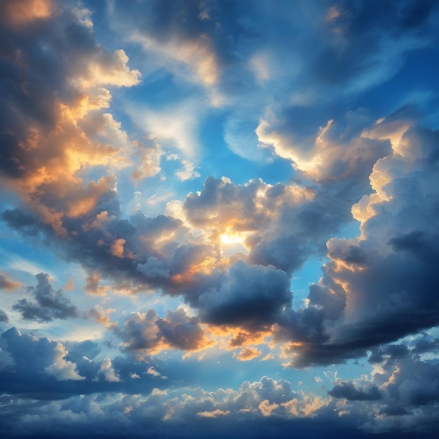 Драматический закат, облачный пейзаж, белые облака и яркое голубое небо