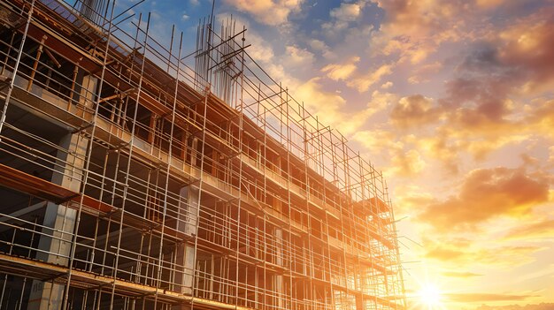 Dramatic sunset over a construction site Urban development in progress Building framework against evening sky Real estate growth AI