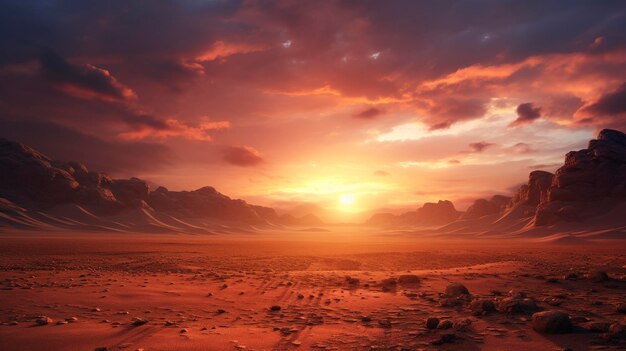 鮮やかなオレンジ色の空と山のシルエットが描かれた砂漠の風景の上で劇的な日没