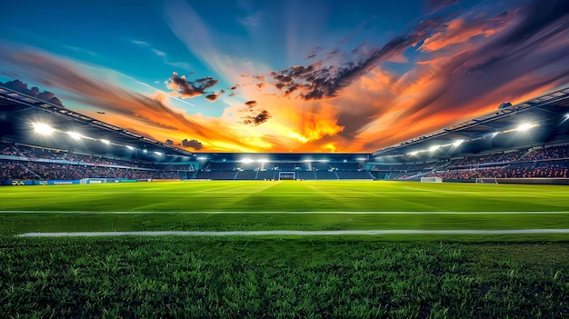 Dramatic sunset over an empty soccer stadium Vivid sky above the grass field Concept of sports in natures beauty Perfect for background use Nature meets sport at twilight AI