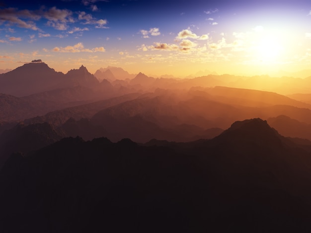 Dramatic sunset at high altitude mountains with empty bottom 3d rendering design element background