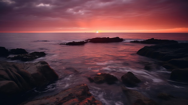 A dramatic sunset over the ocean with orange pink and purple hues reflecting on the water