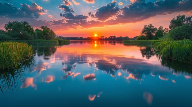 写真 麗 な 湖 の 上 で 劇 的 な 夕暮れ