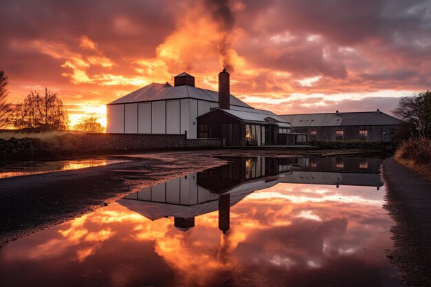 Dramatic sunset behind a picturesque whisky distillery created with generative ai