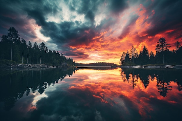 Dramatic sunset reflected in a still lake