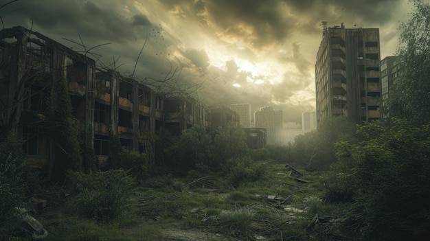廃棄 さ れ た 工場 の 廃墟 の 上 で 劇 的 な 夕暮れ が 輝い て い ます
