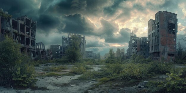 Драматический закат над руинами заброшенной фабрики