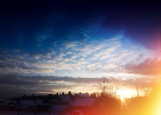 Dramatic sunset over the Russian village landscape background hd