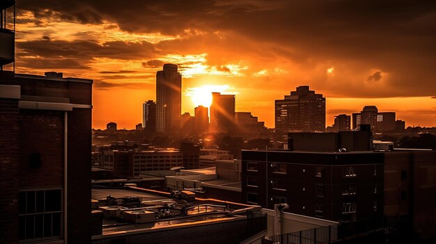 Dramatic Sunset Skyline over Urban Cityscape