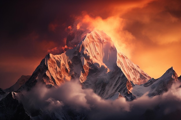 Dramatic sunset over a snowy mountain peak